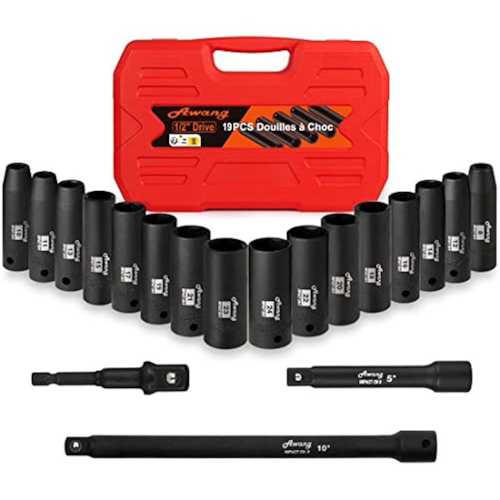 Awang 1/2-Inch Drive Master Deep Impact Socket Set, 19-Piece CR-V Metric