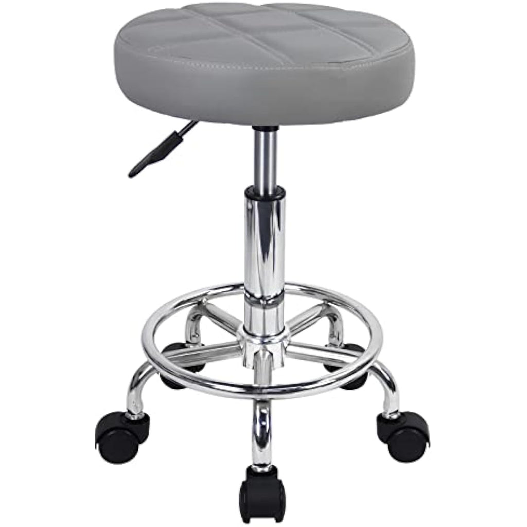 KKTONER Round Rolling Stool - Gray PU Leather Adjustable Swivel Chair