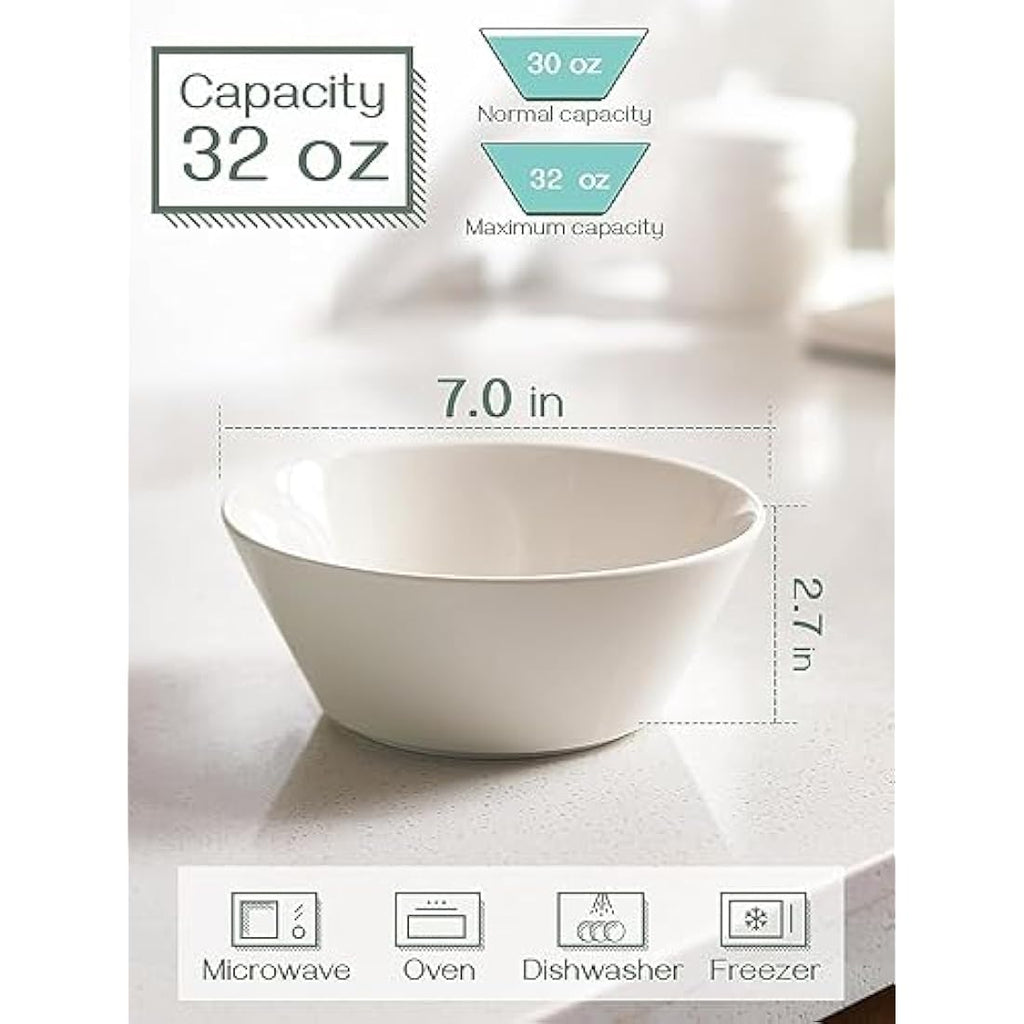 DOWAN Large Ceramic Soup Bowls | 950ml White Porcelain Cereal Bowls, Set of 4