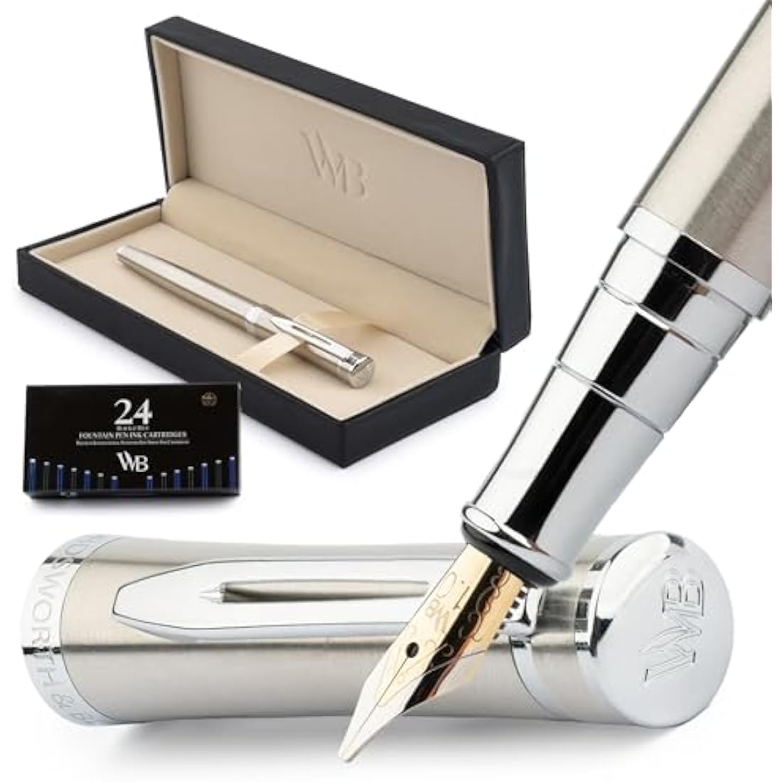 Wordsworth & Black Fountain Pen Set | Broad Nib Chrome Calligraphy Pen
