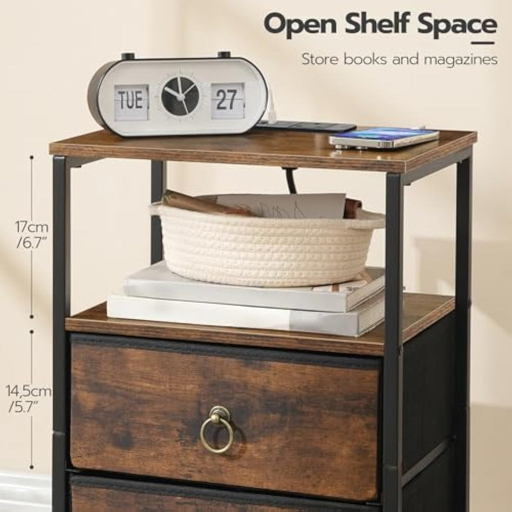 HOOBRO Bedside Table with Charging Station | 2-Drawer Rustic Nightstand