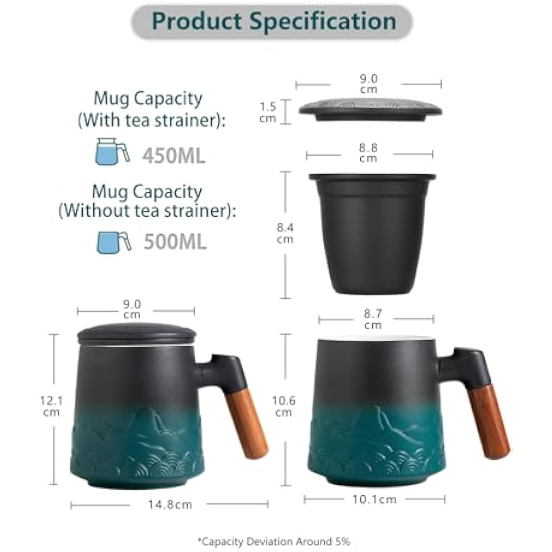 ZENS Ceramic Tea Infuser Mug with Rosewood Handle and Lid, 500ml – Green