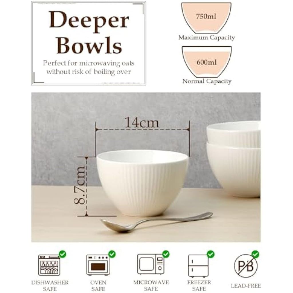 Ceramic Cereal Bowls - 750ml Deep Soup Bowl Set of 6, White