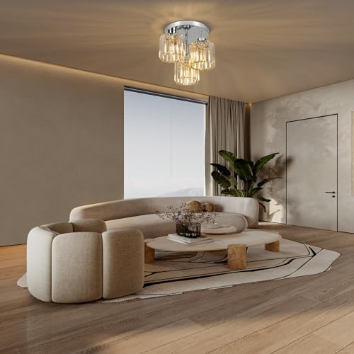 FORCOSO Modern Crystal Ceiling Light – 3-Light Chrome Semi Flush Chandelier