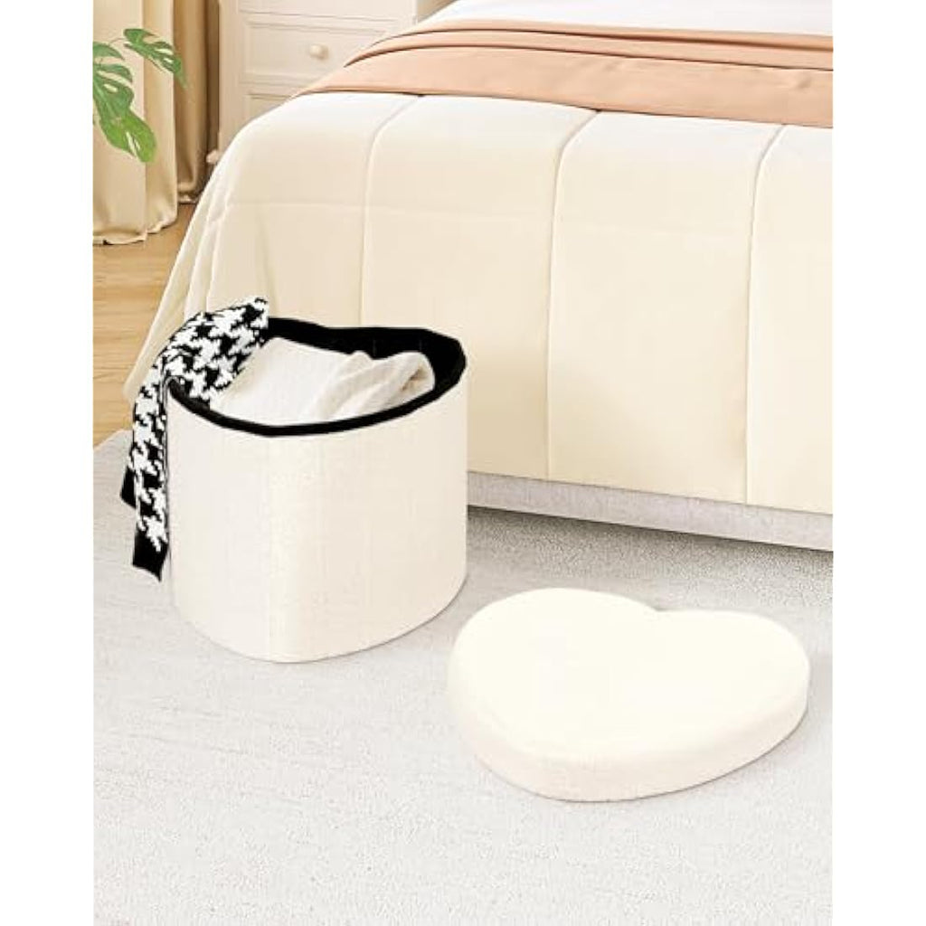 White Boucle Storage Ottoman – Foldable Heart Footstool