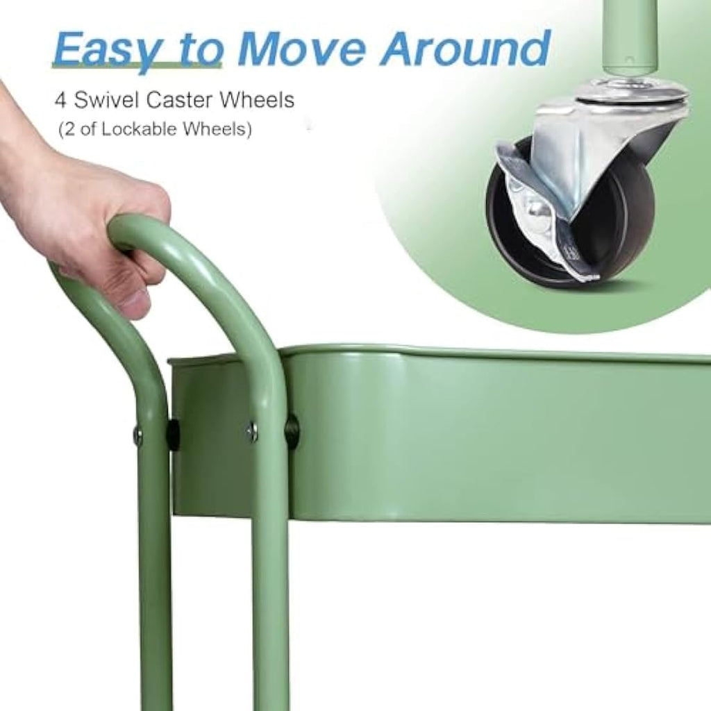 MISSLO 3-Tier Metal Rolling Utility Cart – Small Under Desk Storage, Green