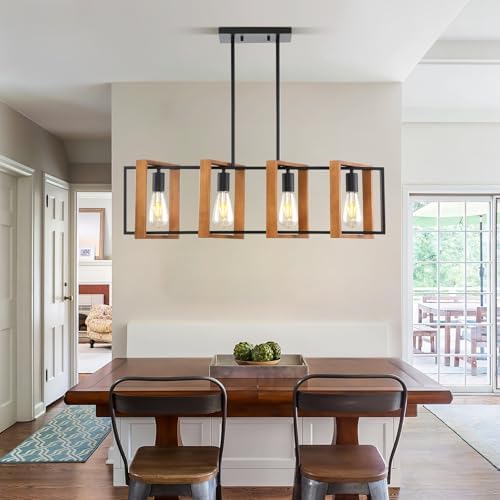 Mikeru Farmhouse Pendant Light | 4-Light Black Metal & Wood Chandelier