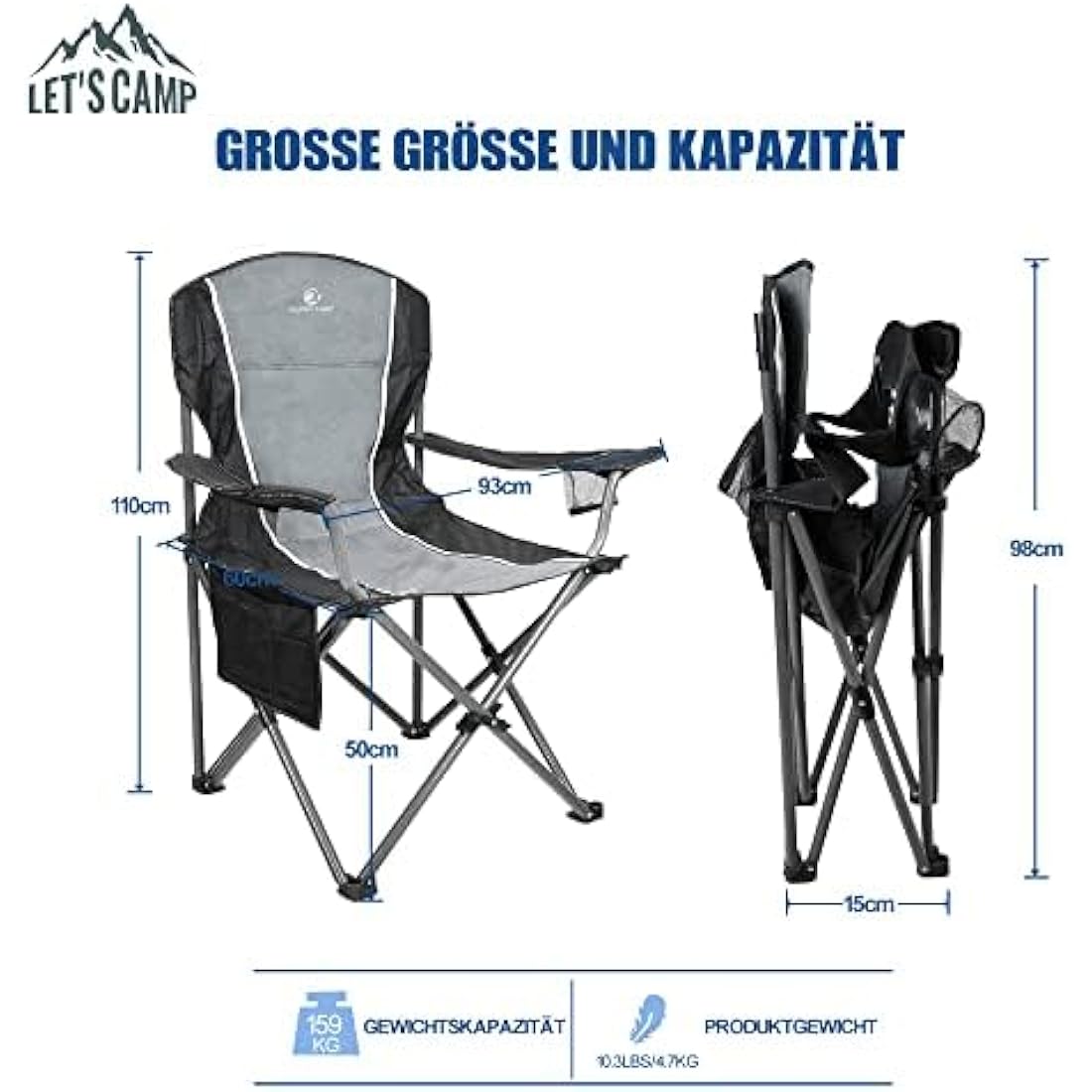 LET'S CAMP Heavy Duty Folding Camping Chair | XL 160kg Capacity