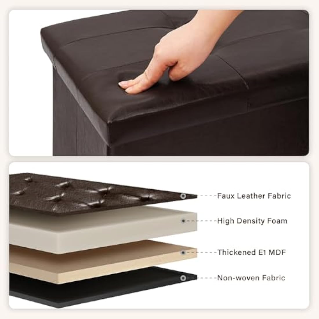 Bonlife Storage Ottoman | 140L Foldable Faux Leather Bed Bench - Brown