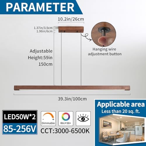 Walnut Wood Linear Pendant Light | 100cm Dimmable LED Chandelier