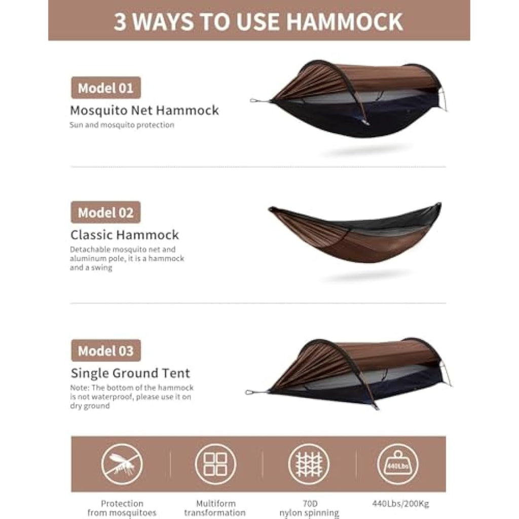 Travel Bird 3-in-1 Camping Hammock Tent with Mosquito Net & Sunshade