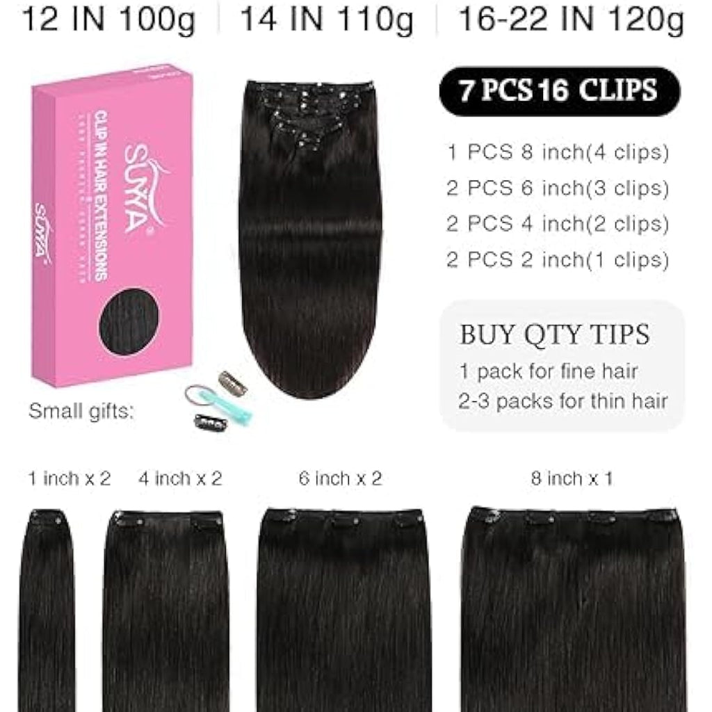 Suyya Clip in Human Hair Extensions | 12 Inch Remy Straight #1B Black