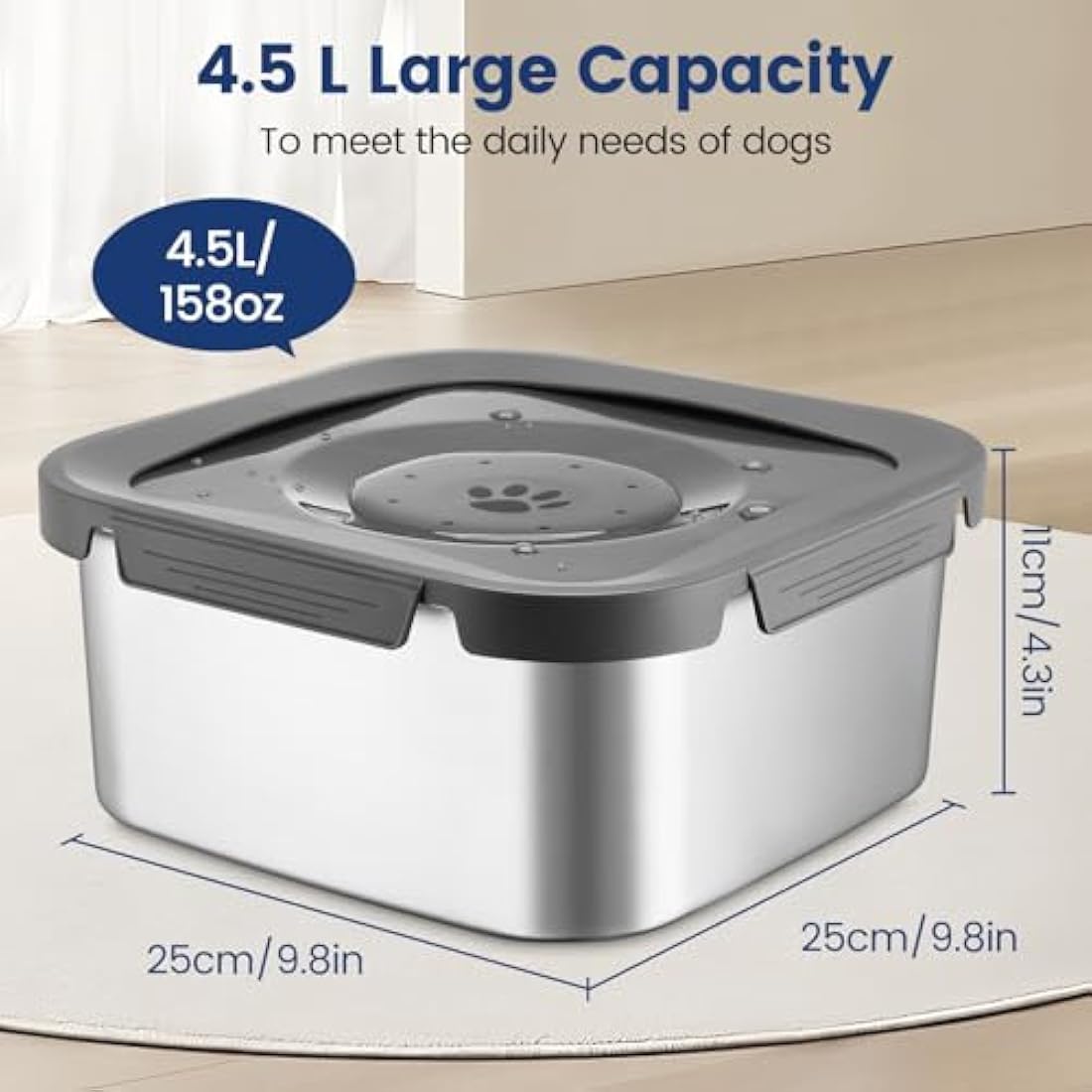 PETTOM 4.5L Stainless Steel Dog Water Bowl – Non-Spill & Splash Proof