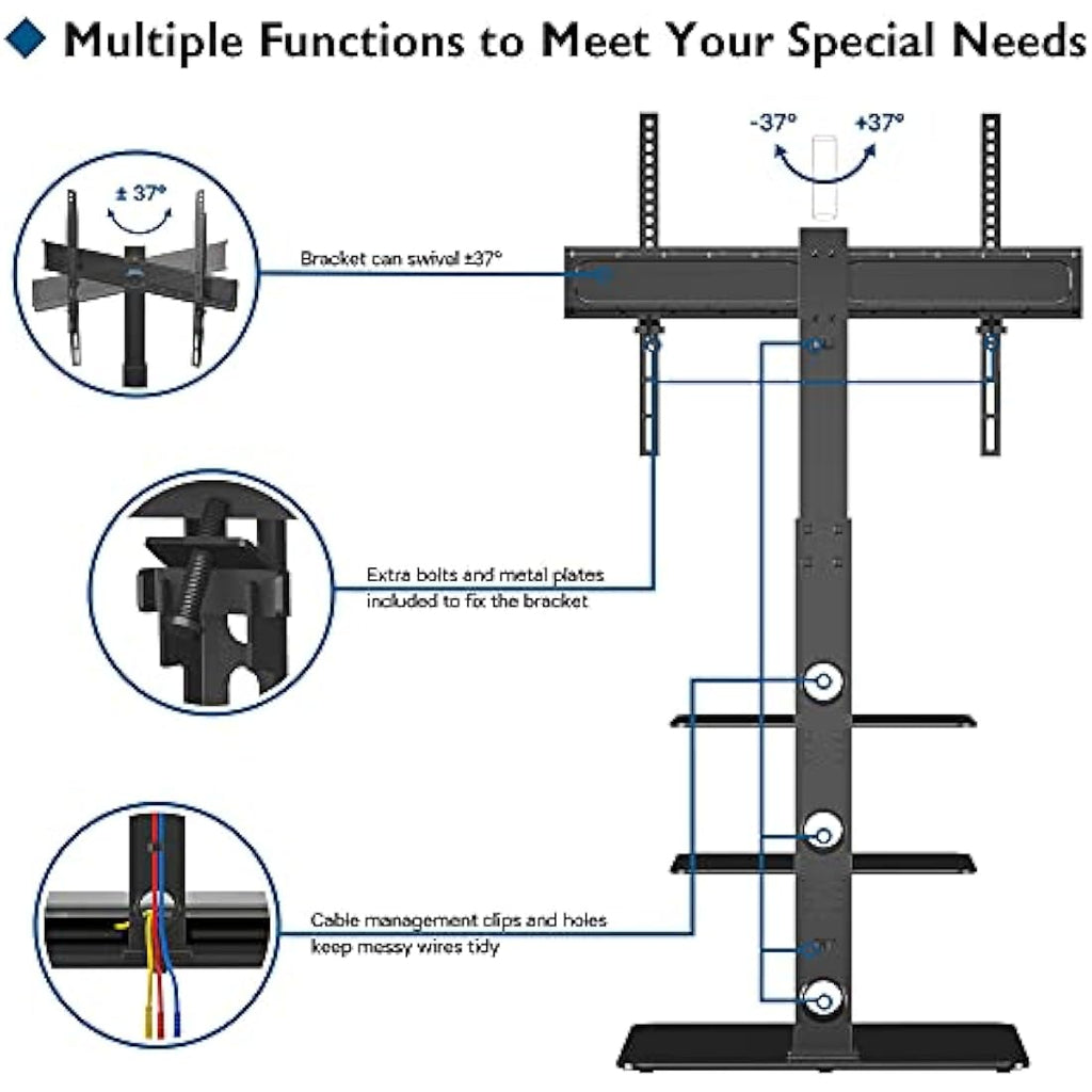BONTEC Universal Floor TV Stand | 30-70 inch | 3-Tier Glass Shelves