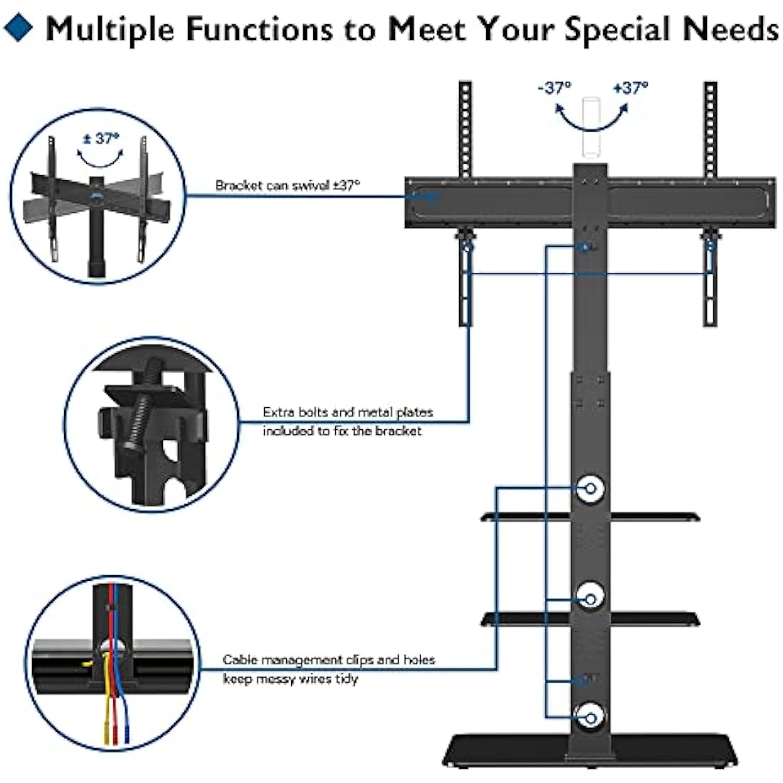 BONTEC Universal Floor TV Stand | 30-70 inch | 3-Tier Glass Shelves