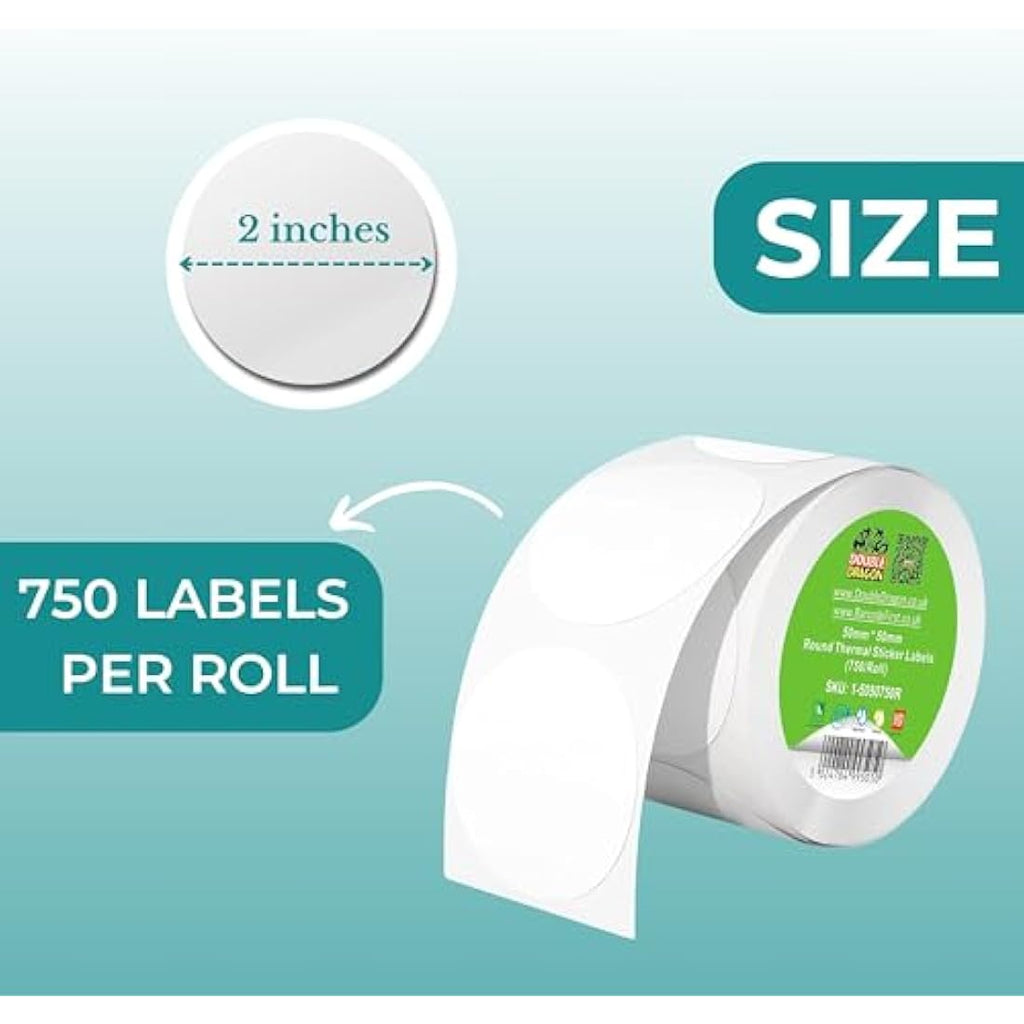 Double Dragon Round Thermal Labels | 50mm x 50mm | 750 BPA-Free Stickers