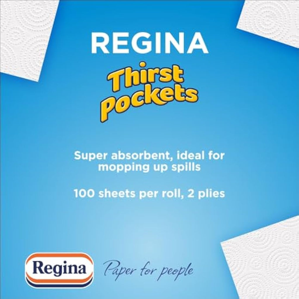 Regina Thirst Pockets Kitchen Roll – 12 Bulk Rolls, 1200 Sheets