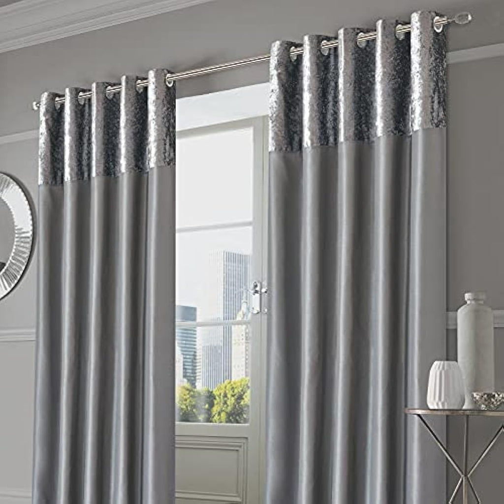 Sienna Crushed Velvet & Faux Silk Eyelet Curtains - Silver Grey, 66x90