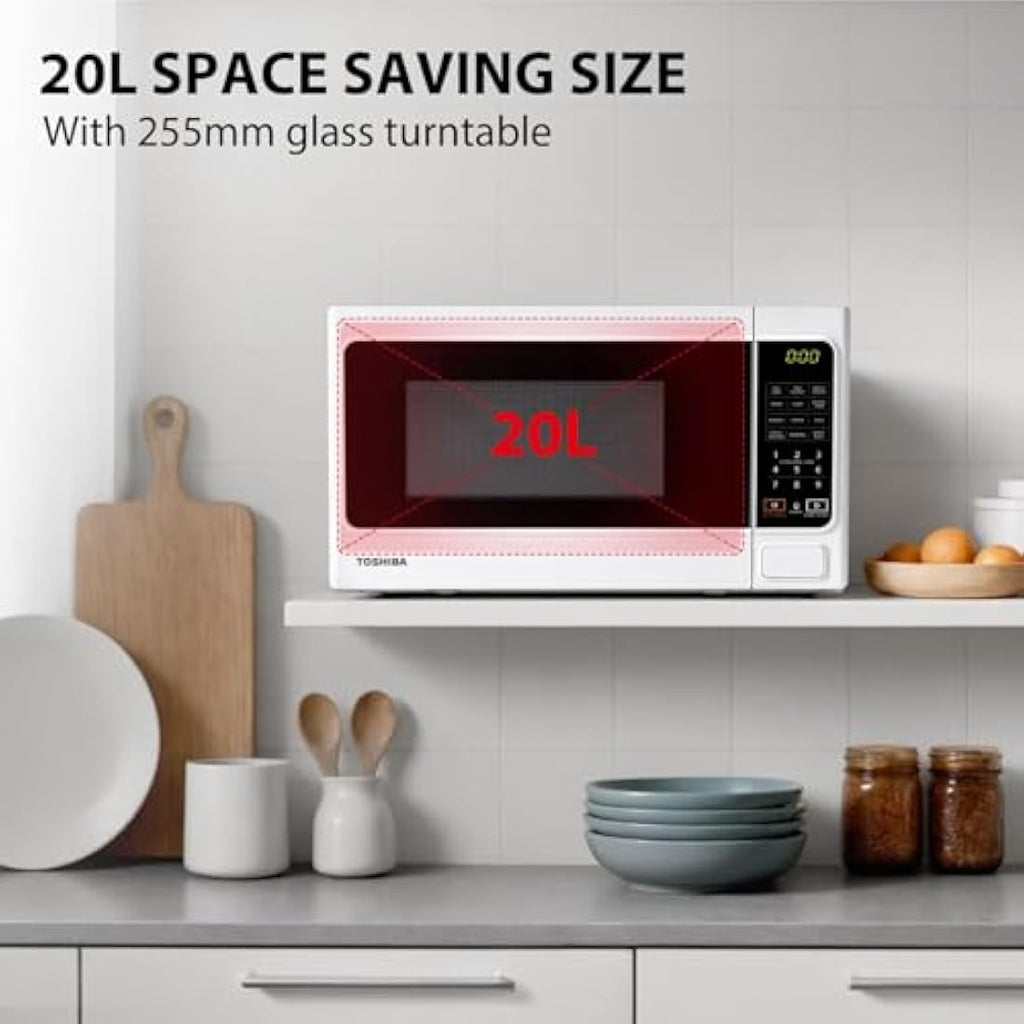 Toshiba 20L Digital Microwave – 800W Compact Solo Oven with 6 Presets, White