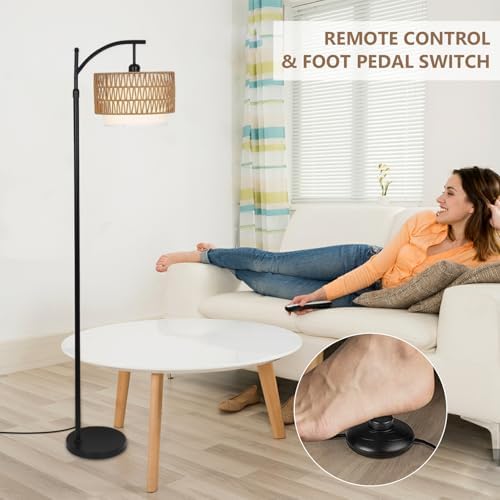Rayofly Arc Floor Lamp | Dimmable Boho Standing Lamp with Rattan Shade