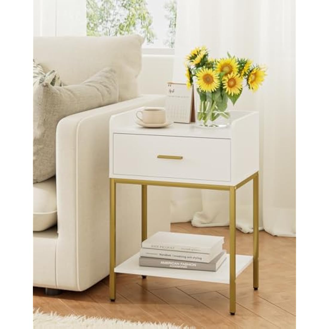 Modern Nightstand | 3-Tier White Bedside Table with Gold Legs