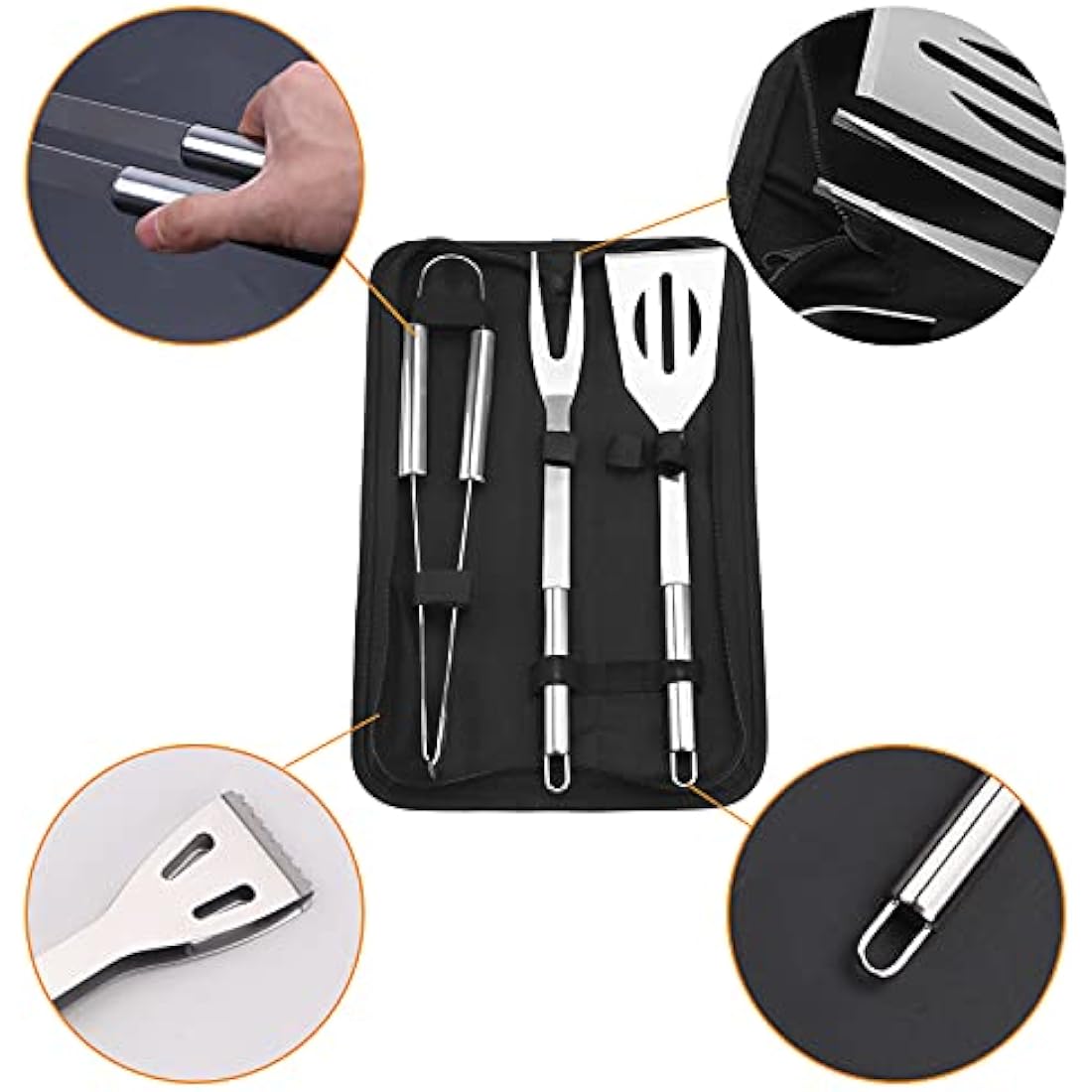 Jolof Store 3-Piece Stainless Steel BBQ Tool Set with Storage Bag