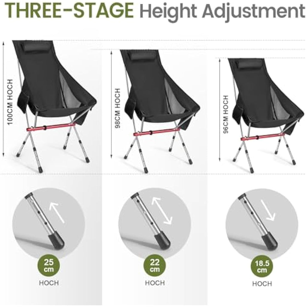 High Back Camping Chair – Adjustable Lightweight Foldable Black