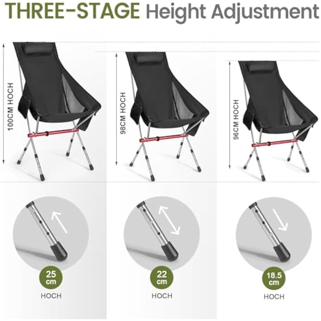 High Back Camping Chair – Adjustable Lightweight Foldable Black