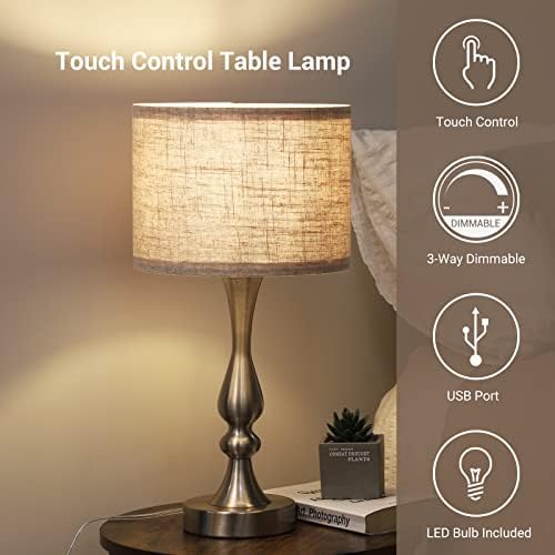 EDISHINE Touch Bedside Lamps Set of 2 | 3-Way Dimmable USB Table Lamps