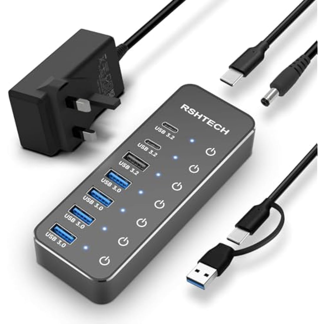 RSHTECH 7-Port Powered USB Hub | 10Gbps USB-C & USB 3.2 Aluminum Splitter