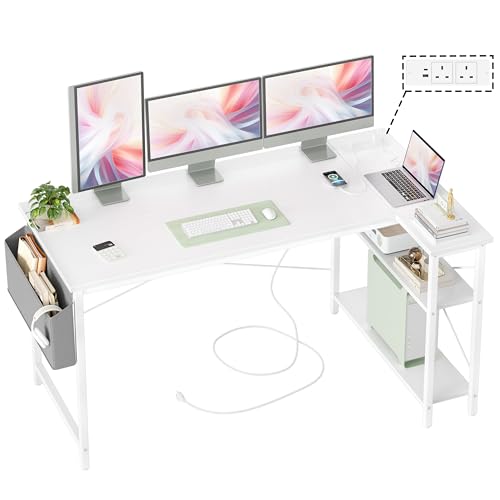 BEXEVUE L-Shaped Corner Computer Desk with Power Outlets & Shelves