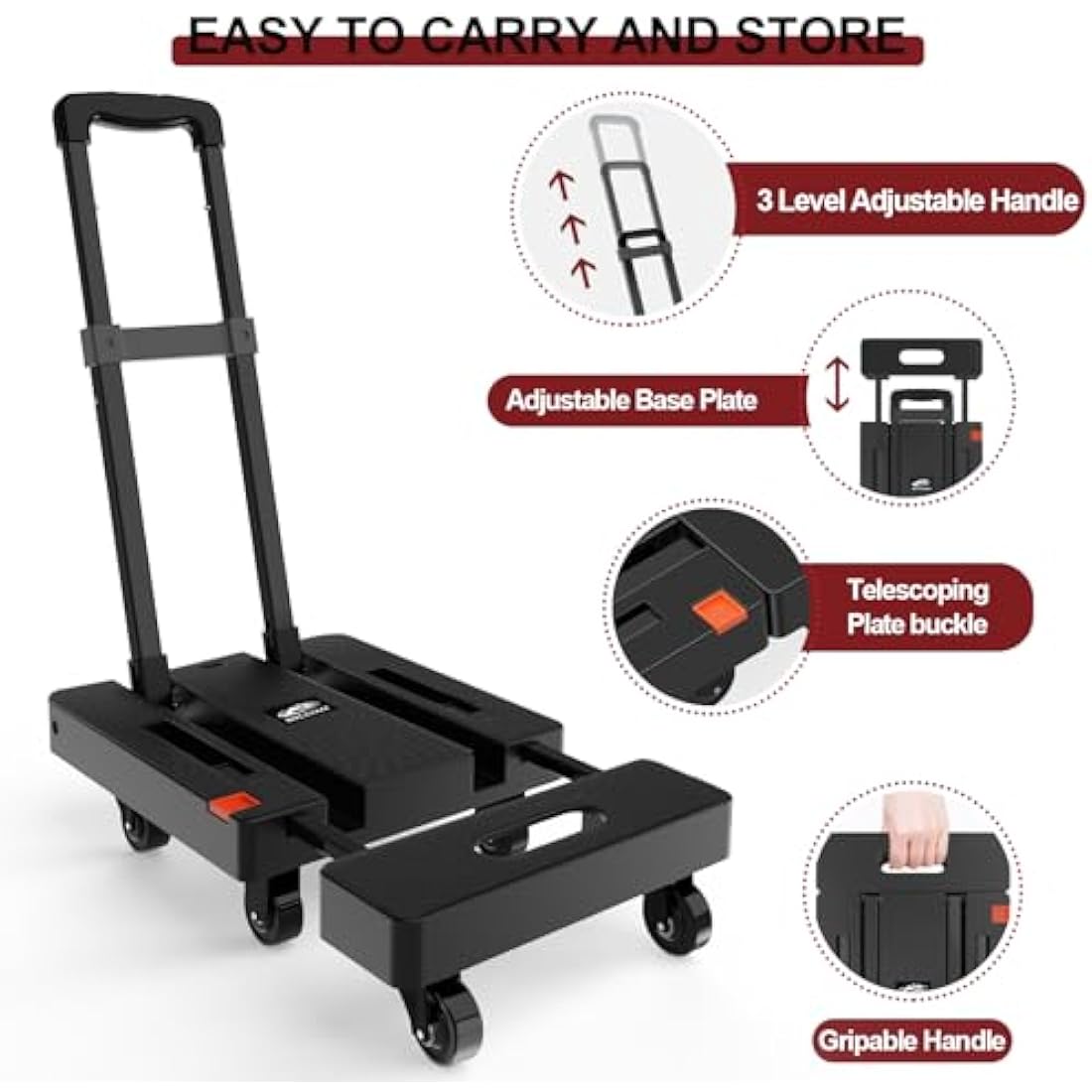 SOLEJAZZ Folding Hand Truck – 500lb Heavy Duty Portable Dolly with 6 Wheels