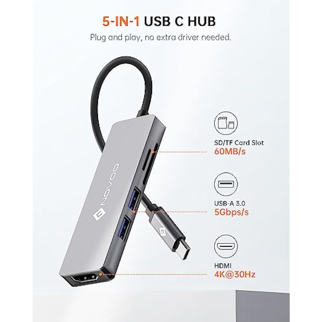 NOVOO 5-in-1 USB C Hub | 4K HDMI Multiport Adapter with SD/TF Reader