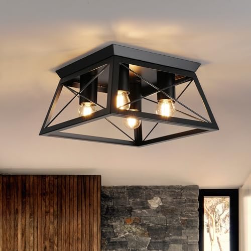 FORCOSO 4-Light Industrial Ceiling Light – Black Metal Flush Mount Lamp