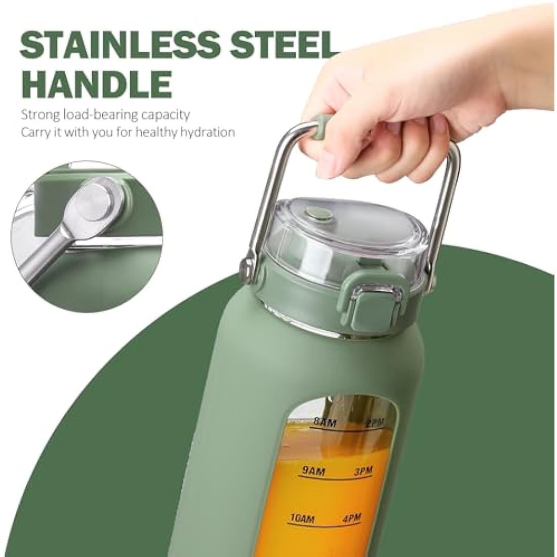 BLUEGO 2L Glass Water Bottle with Time Marker and Stainless Handle