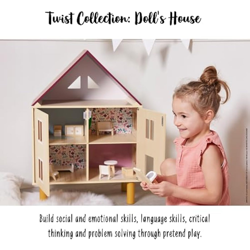 Janod Twist Wooden Dollhouse – FSC Wood Toy with 11 Accessories