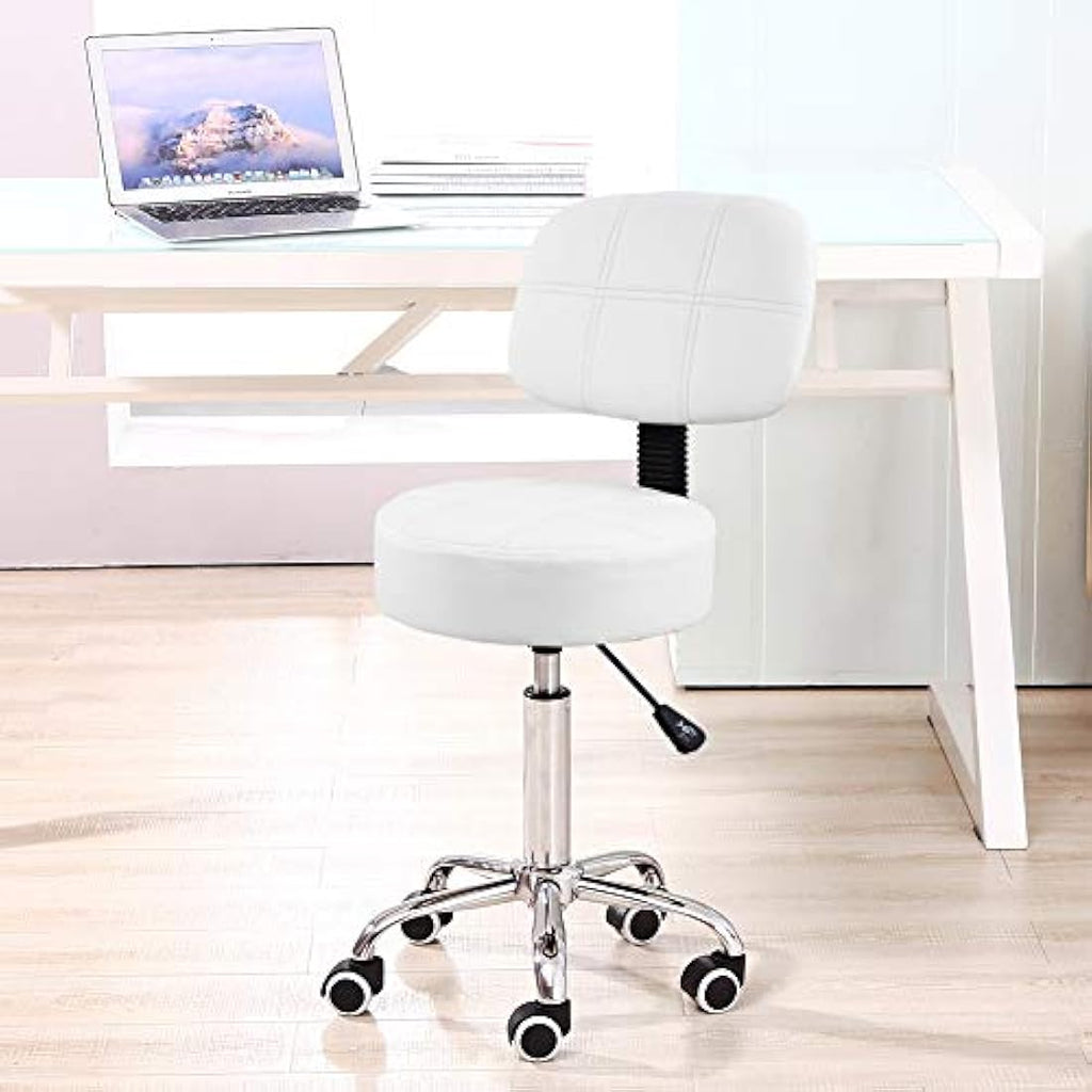 KKTONER Round Rolling Stool with Back - White PU Leather Swivel Chair