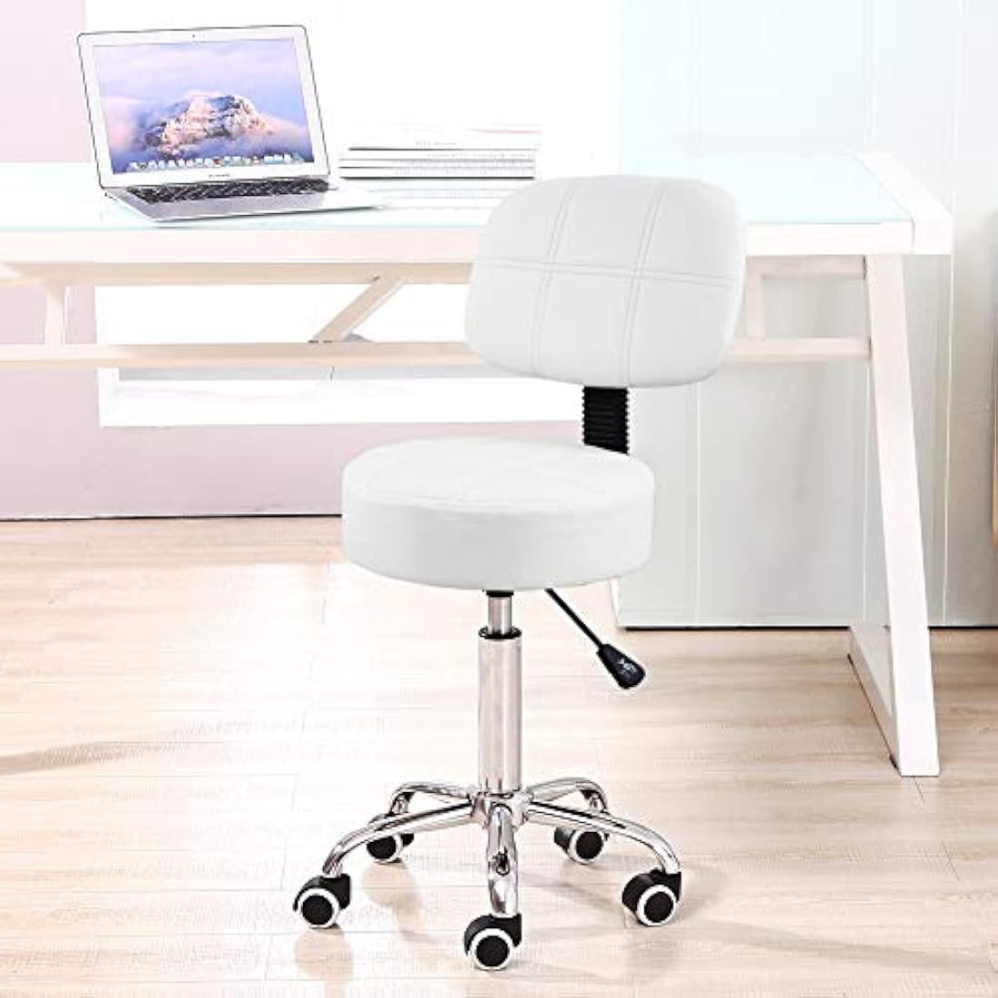 KKTONER Round Rolling Stool with Back - White PU Leather Swivel Chair