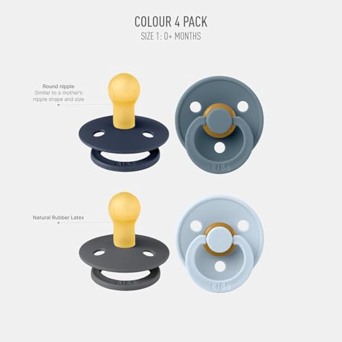 BIBS Colour Pacifier 4-Pack | Natural Rubber Latex Soothers, 0-6 Months