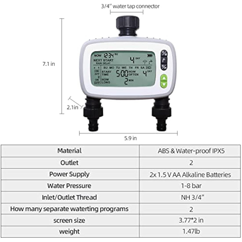 Aqualin 2-Zone Irrigation Water Hose Timer with Large FSTN LCD Screen