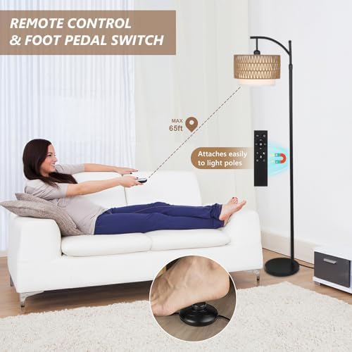 Rayofly Arc Floor Lamp | Dimmable Boho Standing Lamp with Rattan Shade