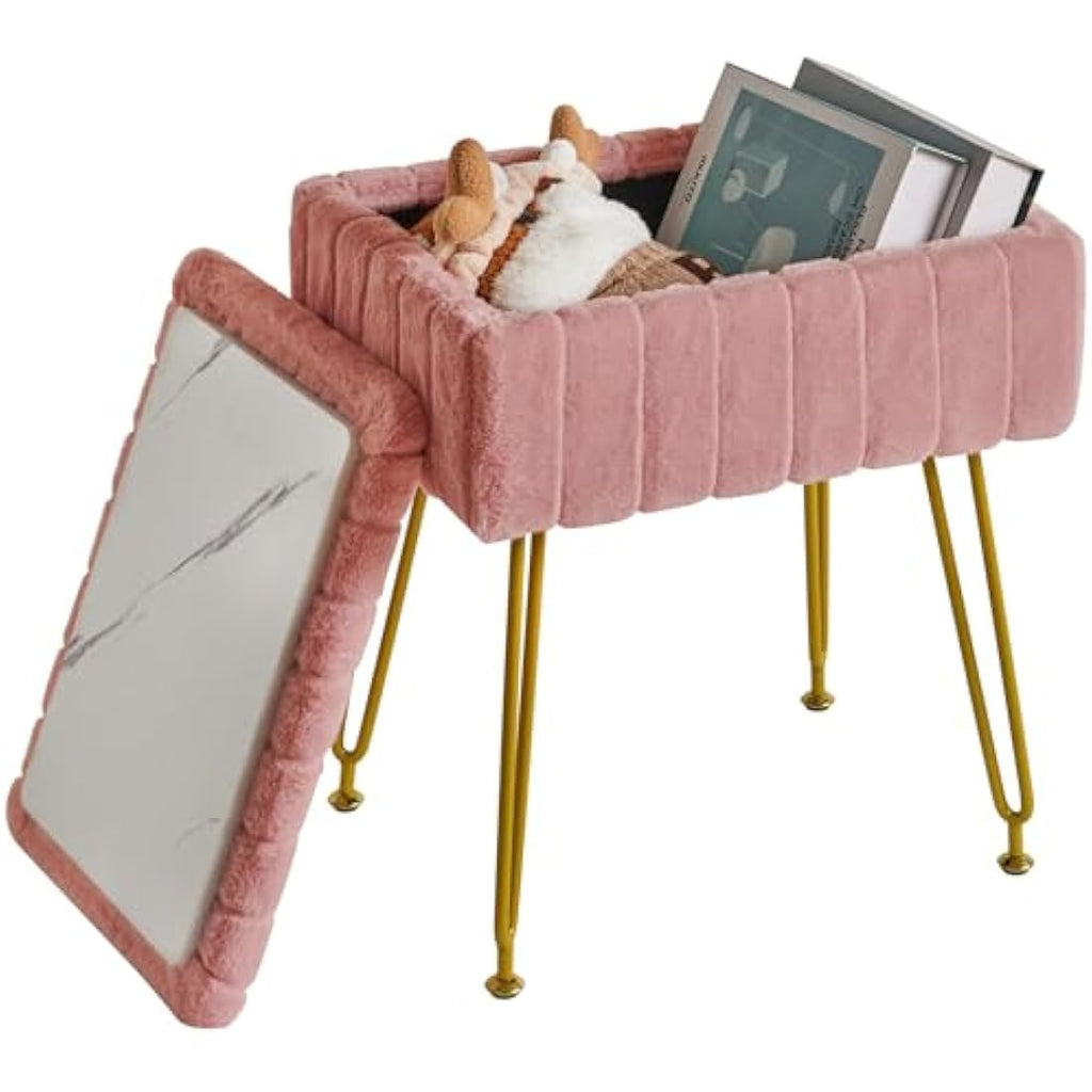 IBUYKE Faux Fur Storage Ottoman Stool – Pink Makeup Vanity Footrest
