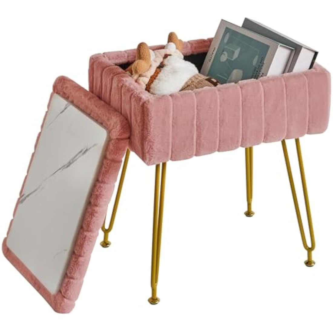 IBUYKE Faux Fur Storage Ottoman Stool – Pink Makeup Vanity Footrest