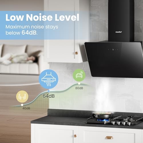 COMFEE' 60cm Angled Cooker Hood | Black Tempered Glass Extractor Fan