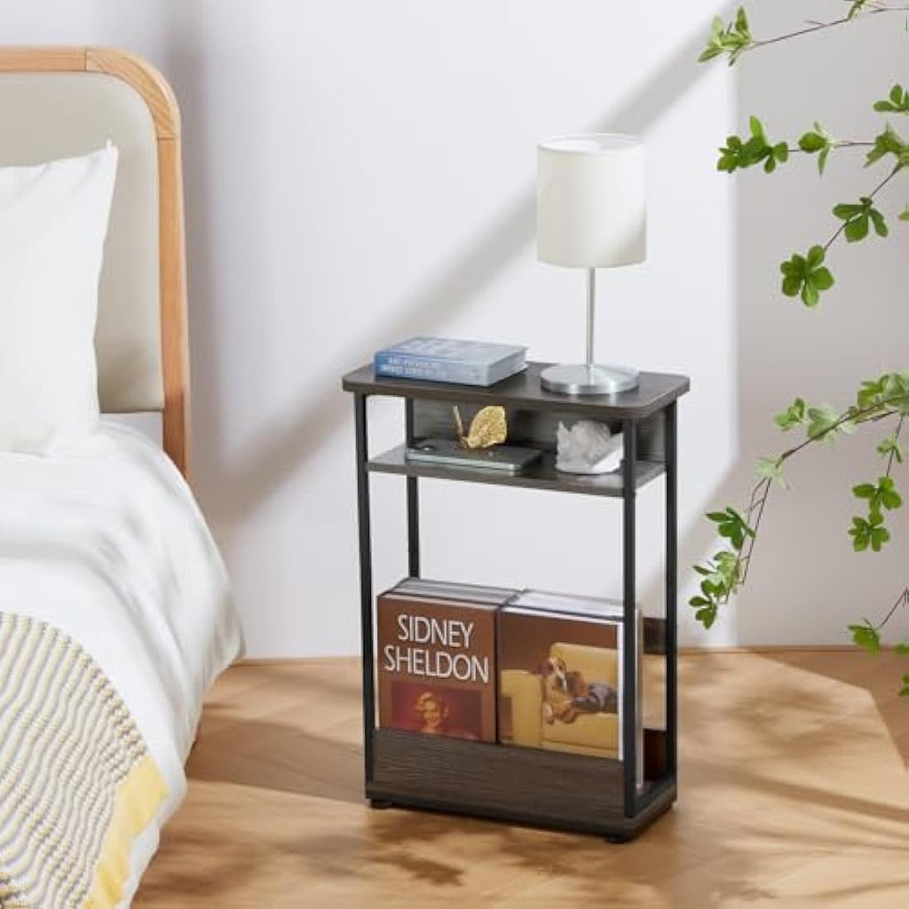 YEAKOO Narrow Side Table – Skinny Nightstand with Magazine Rack, Grey