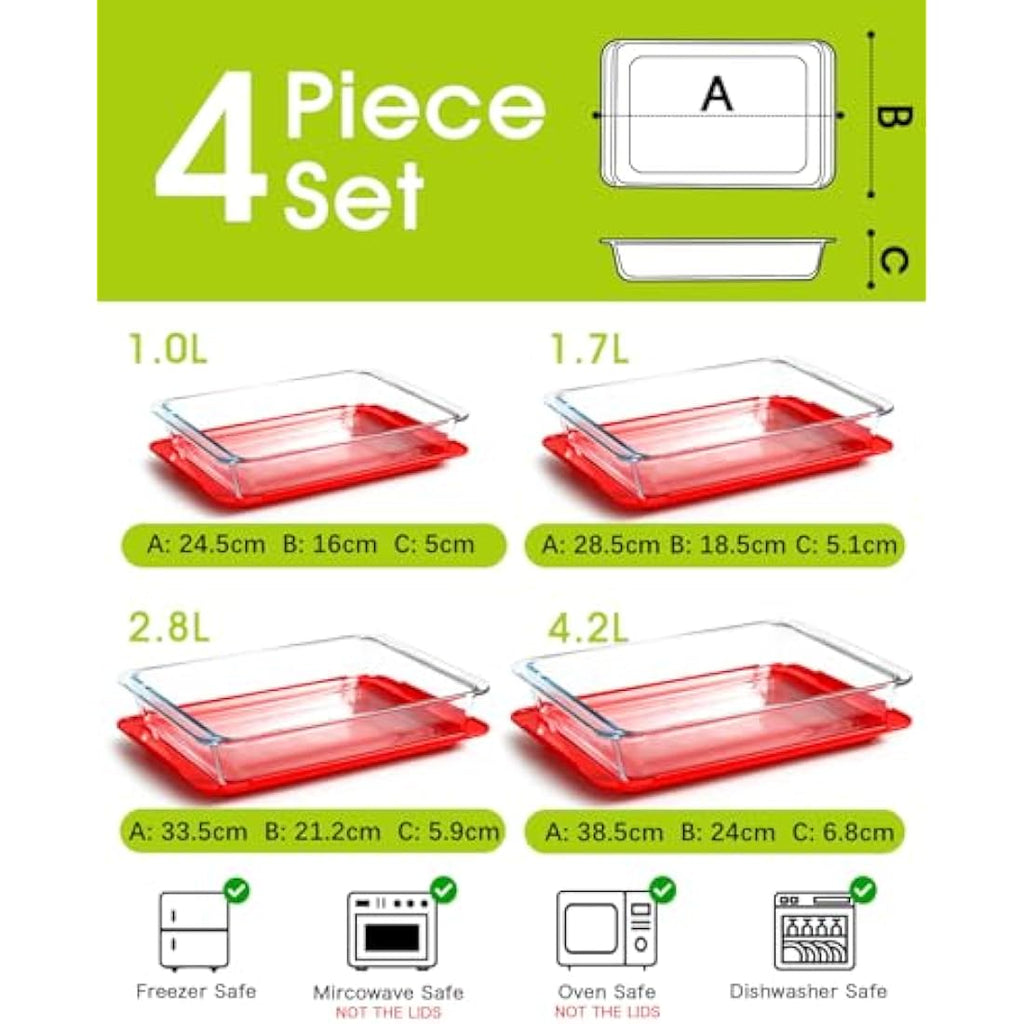4-Piece Tempered Glass Baking Dish Set with Lids – Oven Safe