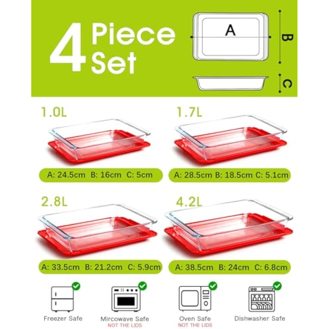 4-Piece Tempered Glass Baking Dish Set with Lids – Oven Safe
