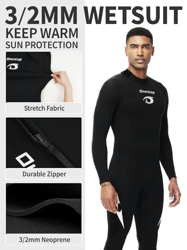 Owntop Men's 3/2mm Full Length Wetsuit | Neoprene Back Zip Diving Suit