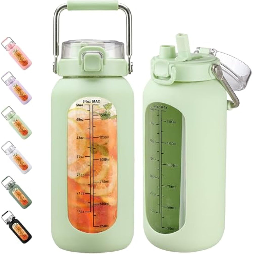 BLUEGO 2L Borosilicate Glass Water Bottle with Time Marker & Straw