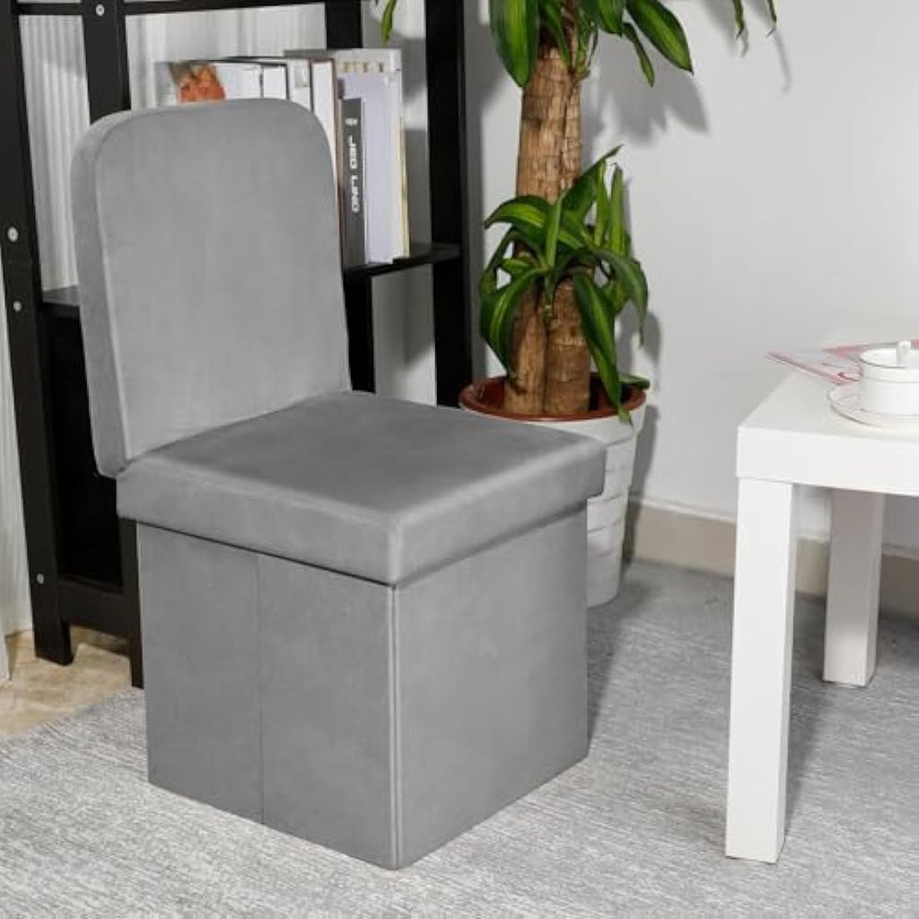 Grey Velvet Folding Storage Ottoman Chair with Backrest